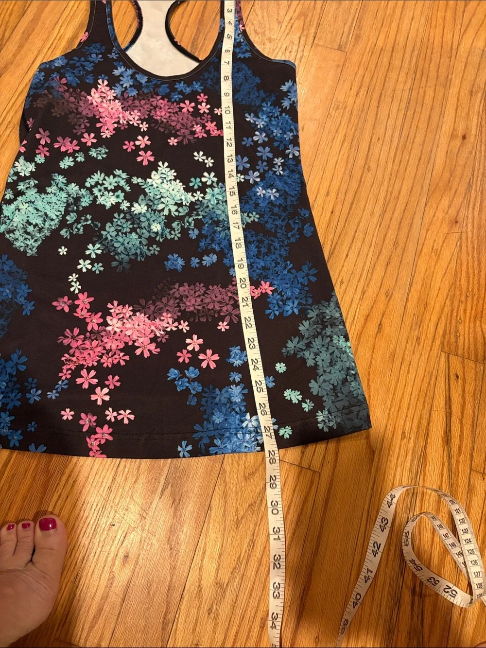 lululemon athletica Black Floral Racerback Tank with Blue, Pink, Mint Accents